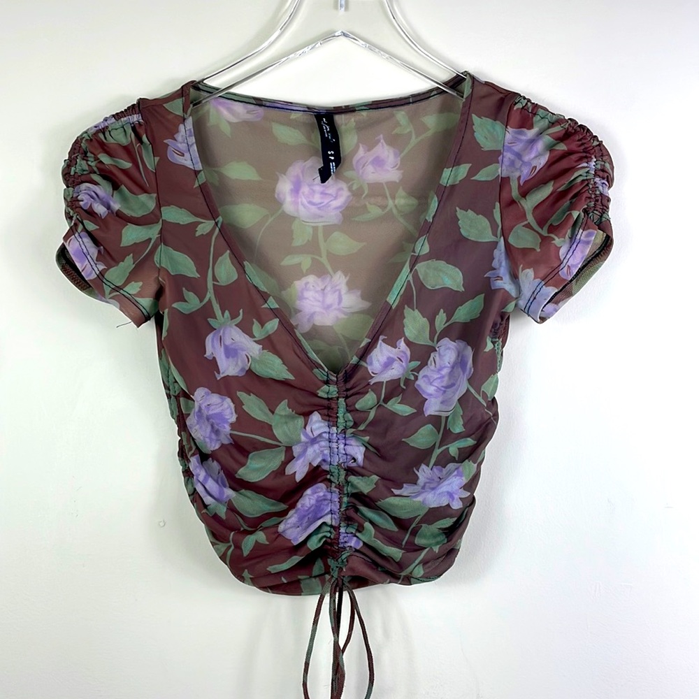 Urban Outfitters Cropped Ruched Mesh Tee y2k